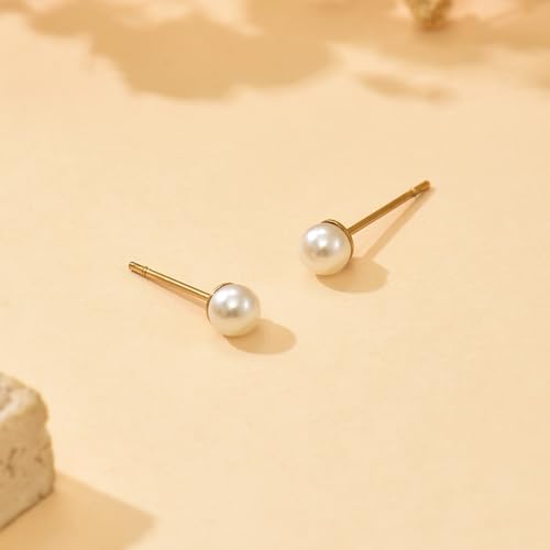 Pearl Stud Earrings for Women Gold/Silver Plated 3mm 4mm 5mm 6mm 8mm Pearl Earrings Dainty Hypoallergenic Earrings - color: Gold, size: 4 Millimeters