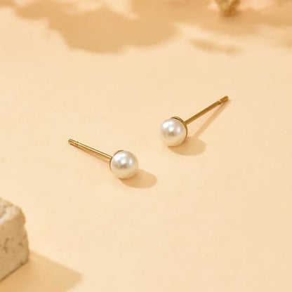 Pearl Stud Earrings for Women Gold/Silver Plated 3mm 4mm 5mm 6mm 8mm Pearl Earrings Dainty Hypoallergenic Earrings - color: Gold, size: 4 Millimeters
