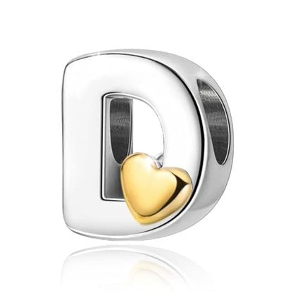 Two-Tone Gold Heart S925 Silver Letter Charm Fits Pandora Bracelet Necklace | Initial Bead Two-Tone Gold Heart, DIY European Bracelet Accessory, Gift for Ladies Birthday Anniversary Valentine - style: D