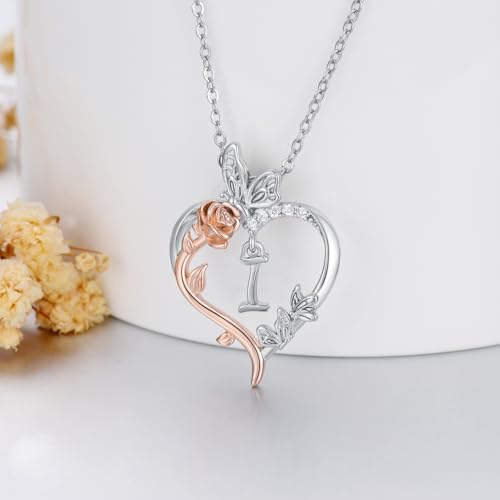 TOUPOP Gifts for Women Her 925 Sterling Silver Rose Heart Initial Necklace Butterfly Heart Jewelry Anniversary Birthday Gifts for Wife Girlfriend Mom - color: I Initial