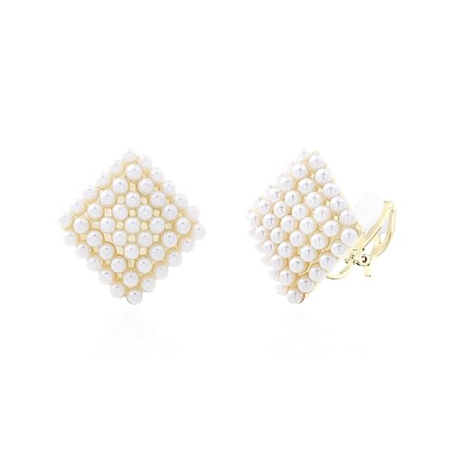 YOQUCOL Simulated Pearl Flower-Cluster Shape Clip On Stud Earrings Non Pierced Ear Earrings for Women - color: Diamond-shaped