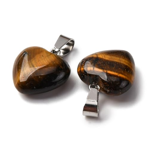 10Pcs Heart Stone Charm Pendants Natural Tiger Eye Gemstone Pendants with Platinum Brass Loops for DIY Necklace Keychains Earring Crafts Supplies - color: Tiger Eye
