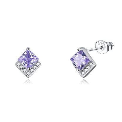 Birthstone Stud Earrings Sterling Silver Square Created Crystal Earrings Cubic Zirconia Hypoallergenic Piercing Jewelry Small Gifts for Women Mothers - color: Jun-Light Amethyst