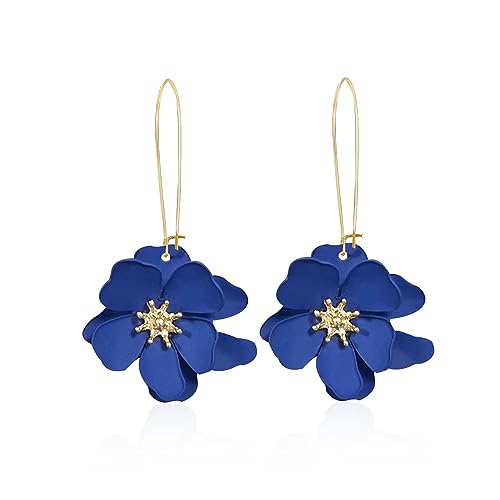 Bohemian Daisy Flower Matte Floral Long Petal Drop Dangle Earrings Layered Tiered for Women Chic Boho Wedding Jewelry - color: Dark Blue