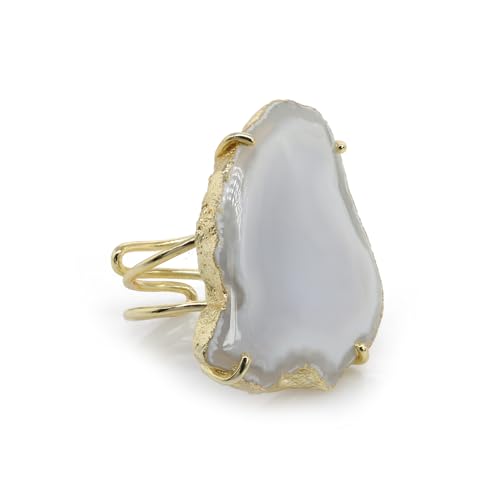 Natural Agate Geode Slice Crystal Gemstone Free-Form Stone Ring Gold Electroplated Adjustable Rings for Women stone Size 30-40mm - color: Gray