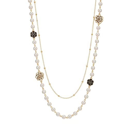 Long Pearl Necklace for Women, Layered Faux Pearl Station Necklace, Gold Tone Double Strand for Wedding Guest Looks and Evening Styling - color: Golden White Small Flower