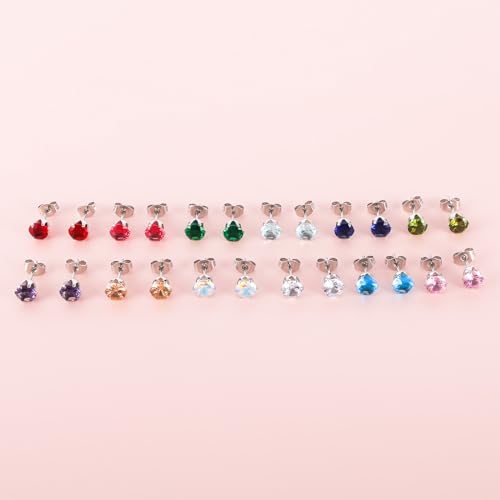 12 Pairs Surgical Stainless Steel Stud Earring Round Heart Star Square Cubic Zirconia Birthstone Stud Earrings Set for Women - color: Silver round 3mm
