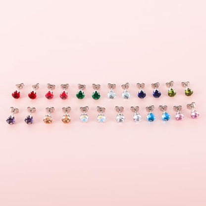 12 Pairs Surgical Stainless Steel Stud Earring Round Heart Star Square Cubic Zirconia Birthstone Stud Earrings Set for Women - color: Silver round 3mm