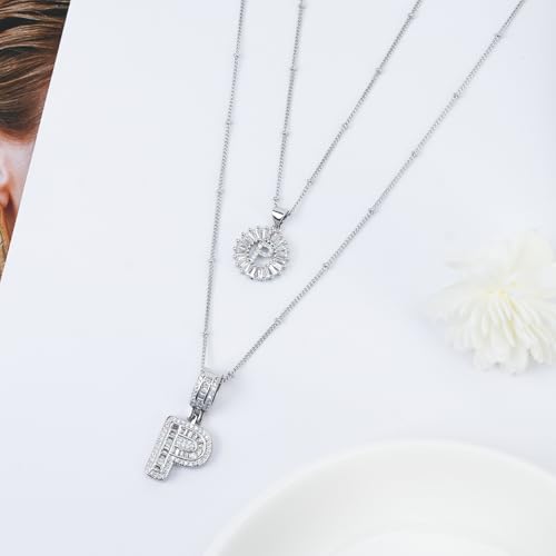 14K Gold Plated Alphabet Necklace Cubic Zirconia Letter Pendant, Personalized Name Jewelry Gift for Women, Customizable A-Z, Birthday/Mothers Day Gifts for Womens - color: White Gold, style: Style-P