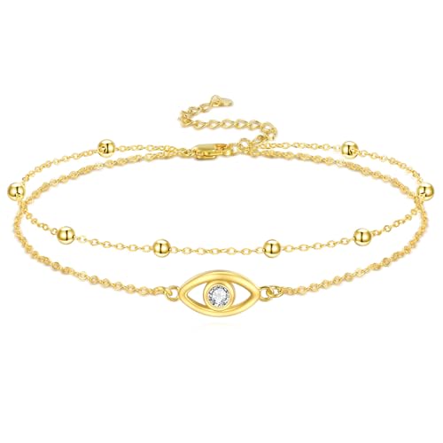 POPLYKE 925 Sterling Silver Double Layered Chain Evil Eye Daisy Sunflower Butterfly Anklets for Women Holiday Beach Crystal Ankle Bracelet Dainty Evil Eye Jewelry - style: Gold plated Evil Eye Anklet