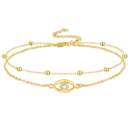 POPLYKE 925 Sterling Silver Double Layered Chain Evil Eye Daisy Sunflower Butterfly Anklets for Women Holiday Beach Crystal Ankle Bracelet Dainty Evil Eye Jewelry - style: Gold plated Evil Eye Anklet