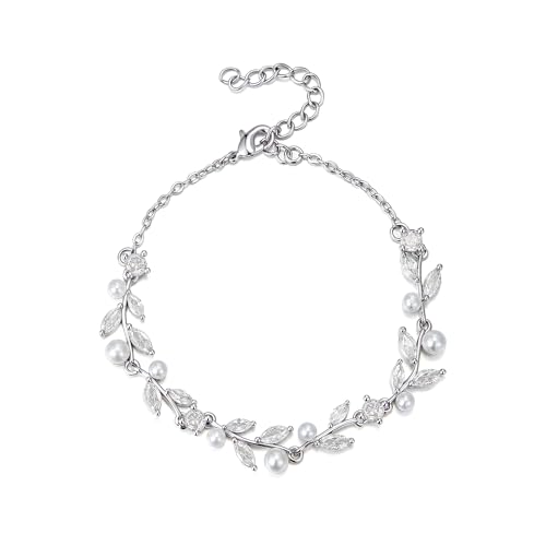 EVER FAITH Gorgeous Cubic Zirconia Pearl Wedding Link Bracelet for Bride | Marquise Teardrop Crystal Bridal Prom Jewelry, for Women Bridesmaids - style: Leaves_Clear Silver-Tone