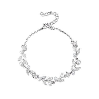EVER FAITH Gorgeous Cubic Zirconia Pearl Wedding Link Bracelet for Bride | Marquise Teardrop Crystal Bridal Prom Jewelry, for Women Bridesmaids - style: Leaves_Clear Silver-Tone