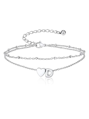 Suplight Initial Ankle Bracelets for Women 14K Gold Plate Waterproof No Tarnish Anklets Layered Heart Letter Anklet Adjustable Plus Size Foot Chain Summer Beach Boho Jewelry Silver Black 8.5-10 Inch - color: Silver, style: 4.D