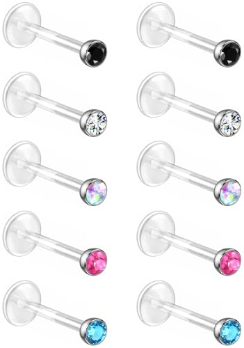 Bioflex Labret Plastic Lip Piercing Jewelry for Monroe, Medusa, Ashley and Cartilage Piercings, Tragus, Conch, Helix, Daith - 16g Clear Post Studs with Push-In CZ Crystals - color: Jet, Clear, AB, Rose, Aqua, size: 10mm