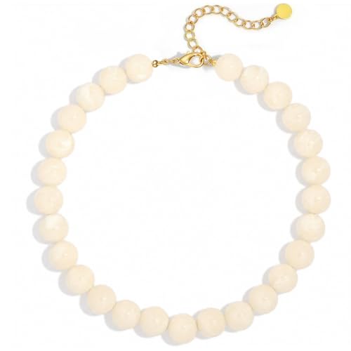 Multicolor Chunky Beaded Necklace, Statement Colorful Round Ball Beads Choker Necklace with Gold-Tone Adjustable Chain, Fashion Bold Neck Jewelry for Women - color: 16mm-Beige