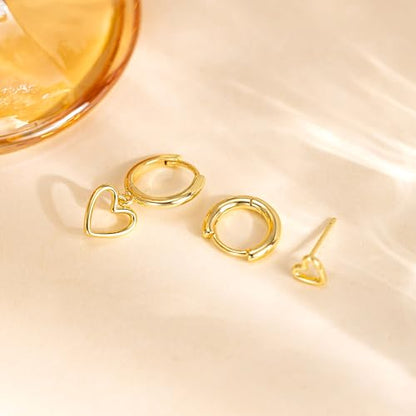 3 Pairs Earring Stacks, Gold Earring Set Jewelry Gift for Women | Small, 14K Gold/White Gold/Black/Rose Gold Plated, Hypoallergenic, Her, Everday, Stackable, Simple, 3 Holes - color: Gold-Open Heart