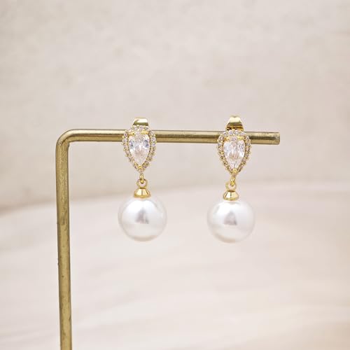 Pearl Earrings for Women Trendy, 14k Gold Plated Freshwater CZ Leaf Pearl Dangle Drop Gold Earrings Lightweight Hypoallergenic Stud Earring Bridesmaid Wedding Gold Jewelry for Women Gifts - style: cz big pearl earrings