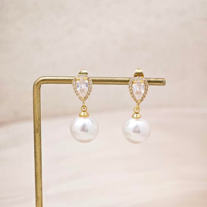 Pearl Earrings for Women Trendy, 14k Gold Plated Freshwater CZ Leaf Pearl Dangle Drop Gold Earrings Lightweight Hypoallergenic Stud Earring Bridesmaid Wedding Gold Jewelry for Women Gifts - style: cz big pearl earrings