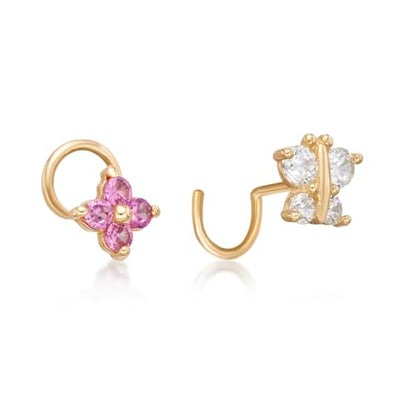 22 Gauge Curved Screw Butterfly and Pink Flower Nose Stud Set for Women I 14k Gold White Pink Cubic Zirconia Nose Ring Set I 22G Unisex Hypoallergenic Nostril Piercing Jewelry
