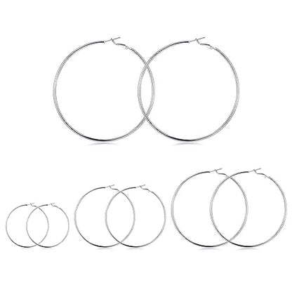 3 Pairs Sterling Silver Large Hoop Earrings Set for Women 40 50 60MM | 14K White Gold Plated, Hypoallergenic - style: Silver 20 30 40 50 MM