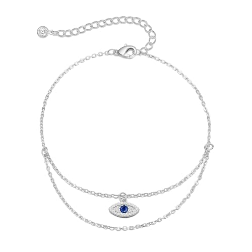 Bheop Ankle Bracelets for Women 14K Gold Silver Plated Waterproof Anklets | Evil Eye Pearl Heart Conch Shell Charm, Boho Adjustable Foot Chain, Dainty Summer Beach Jewelry Gifts, Non Tarnish - color: SL-Layered Evil Eye