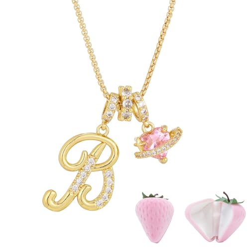 Initial Letter Necklace with Pink Heart Charm, Sparkling Zircon Alphabet Pendant in Gold or Silver Tone, Sweet Style Jewelry with Gift Box, Letter Chain for Daily Wear and Gift - color: Gold+Pink Box, size: #B