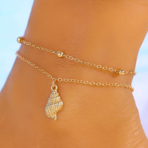 Gold Starfish Seashell Anklets Bracelets for Women Dainty Gold Layered Shell Link Chain Anklets Summer Conch Seashell Foot Bracelet Jewelry for Beach Vacation - color: gold3