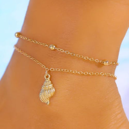 Gold Starfish Seashell Anklets Bracelets for Women Dainty Gold Layered Shell Link Chain Anklets Summer Conch Seashell Foot Bracelet Jewelry for Beach Vacation - color: gold3