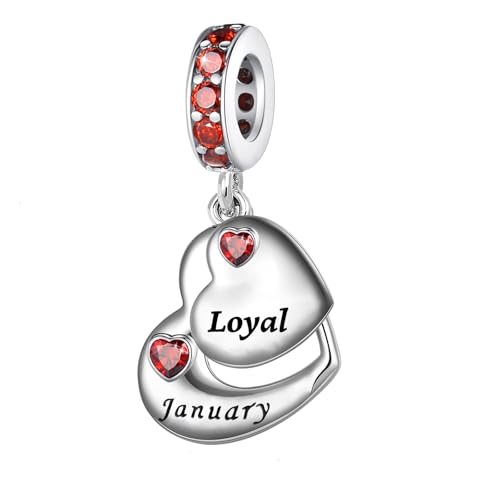 Double Heart Dangle Charm 12 Birthstone Bead for European Bracelet - style: January