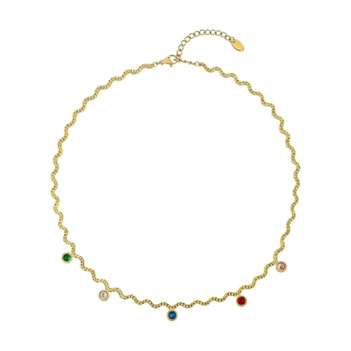Hipunk Women Gold Plated Stainless Steel Wave Rope Chain Collar Necklace with Colorful Zirconia Flower Heart Charms Choker, Adjustable 16+2 Inch - color: round