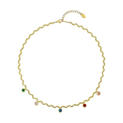 Hipunk Women Gold Plated Stainless Steel Wave Rope Chain Collar Necklace with Colorful Zirconia Flower Heart Charms Choker, Adjustable 16+2 Inch - color: round