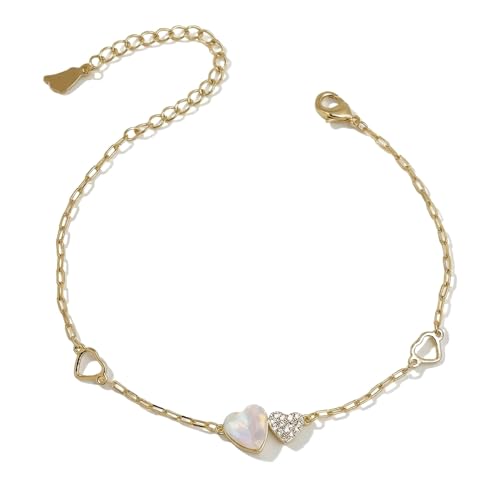 Silver Heart Charm Link Anklet for Women, Adjustable Handmade Cubic Zirconia Stackable Waterproof Summer Beach Chain Anklets Jewelry Accessories Gift - color: Gold Opal Heart