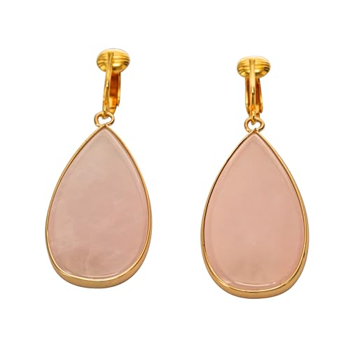 Aloha Earrings Non Pierced Gold Tone Clip On Natural Stone Teardrop Dangling Earrings - style: Rose Quartz