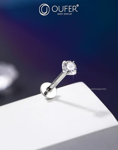 OUFER 925 Sterling Silver Flat Back Earrings, Clear CZ 16G Helix Piercing Jewelry, Silver Internally Threaded Cartilage Earrings Stud, Silver Lip Labret Rings for Women - color: Silver-3mm