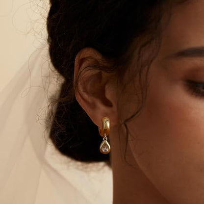 SHERLOVE Chunky Statement Gold Dangle Earrings Women Bezel Cubic Zirconia | 14K Gold Plated Huggie Hoop Drop,Dainty Trendy Elegant Fancy Formal,Hypoallergenic Lightweight Non tarnish,Statement Jewelry - color: Chunky Dangle Teardrop Gold