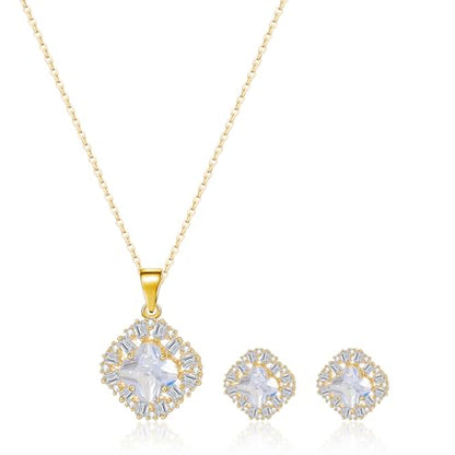 14K Gold Plated | 14K Platinum Plated Necklace for Women Necklace Earrings Set with Sparkling Zircon Inlay and Silver Post Earrings - color: Zircon square three-leaf flower set gold