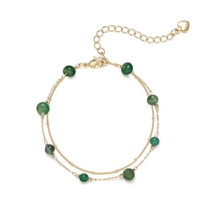 Gold Bracelets for Women Dainty 14K Gold Plated Layered Chain Bracelets Turquoise Green Aventurine Crystal Beaded Bracelets for Women - color: Green Aventurine