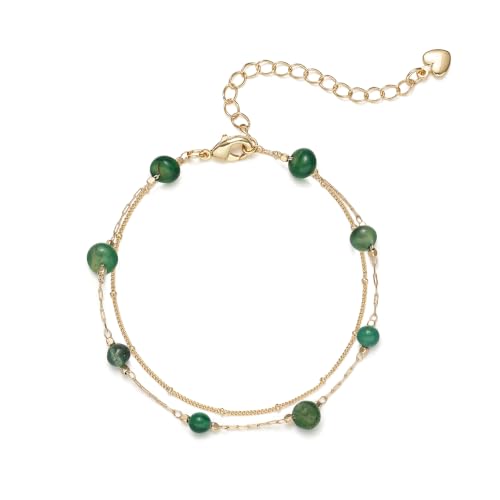 Gold Bracelets for Women Dainty 14K Gold Plated Layered Chain Bracelets Turquoise Green Aventurine Crystal Beaded Bracelets for Women - color: Green Aventurine