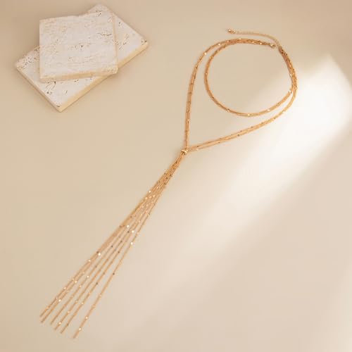 Frodete Gold Lariat Necklace for Women Long Gold Drop Necklace with Clear Beads Adjustable Y Necklace for Dresses Party Vacation - color: D2:gold long necklace