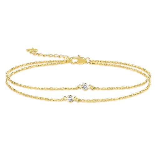 Gold Anklets for Women 14K Gold Ankle Bracelets for Women | Paperclip Gold Anklet Double-Layer with Cubic Zirconia Anklets for women Waterproof 11(9+2) Inches