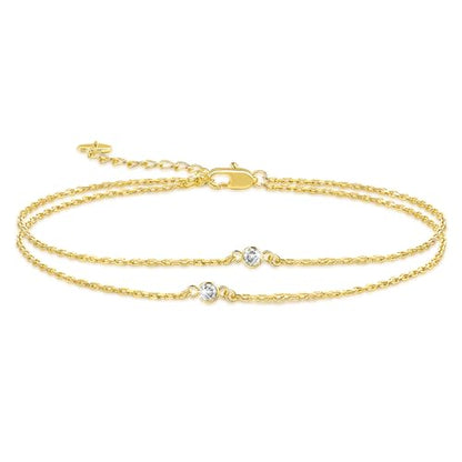 Gold Anklets for Women 14K Gold Ankle Bracelets for Women | Paperclip Gold Anklet Double-Layer with Cubic Zirconia Anklets for women Waterproof 11(9+2) Inches