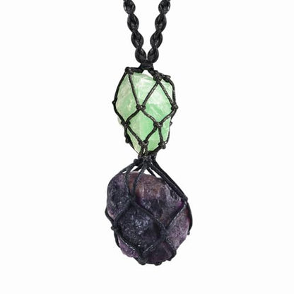 Anjiucc Handmade Crystal Cage Holder with Raw Gemstone Pendant Necklace Natural Stone Healing Crystal Necklace Adjustable Length - color: Purple Fluorite+Green Fluorite