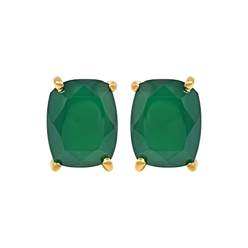 Women's 18K Gold Plated 8x10mm Princess Cut Gemstone Stud Earrings – Birthstone Jewelry for Her – Classic Cushion Studs - color: Green Onyx