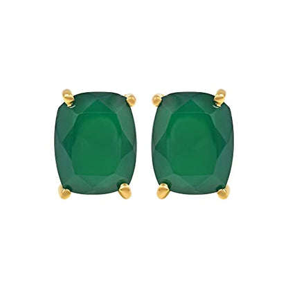 Women's 18K Gold Plated 8x10mm Princess Cut Gemstone Stud Earrings – Birthstone Jewelry for Her – Classic Cushion Studs - color: Green Onyx