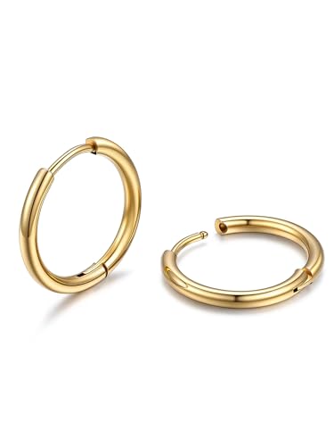 PROSTEEHoop Earrings for Men Women Stainless Steel Silver/Black/14K Gold | Waterproof & Lightweight Sleeper Small Huggie Earring Hypoallergenic Post Cartilage Piercing Jewelry for Mens Dad Gift Box - color: A. Round-14K Gold, size: 14mm
