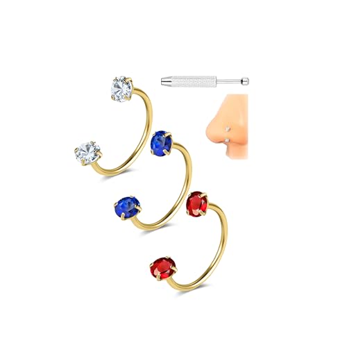 G23 Titanium 20G Horseshoe Nose Rings | Horse Shoe Nose Ring Hoops, Surgical Steel Half Cartilage Tragus Earring Hoop, Internally Threaded, Double Cubic Zirconia - style: 3PCS 10MM-Gold Ring
