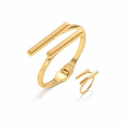 Gold Minimalist Bangle Bracelet and Ring Set for Women, Geometric Double Bar Open Cuff Hinged Bracelet, Modern Fashion Jewelry Gift