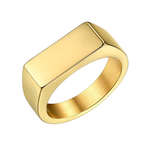 Bestyle Stainless Steel Signet Ring for Men Women in Gold/Black/Silver/Vintage Gray Tone, Chunky Thick Heavy Dome Band Ring Cool Finger Ring, Gift for Dad Husband, Size 7-14 Customizable - color: 01.Gold-Rectangle