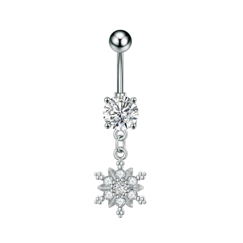 Crystal Snowflake Belly Button Rings for Women Stainless Steel Christmas Dangle Navel Ring Cubic Zirconia Floral Curved Barbell Body Piercing Jewelry - color: Silver